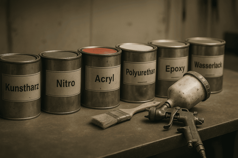 Verschiedene Dosen mit Industrielacken wie Kunstharz, Nitro, Acryl, Polyurethan, Epoxy und Wasserlack stehen auf einer Werkbank neben einem Pinsel und einer Lackierpistole.
