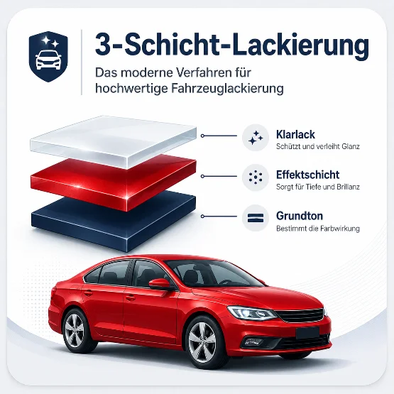 Infografik zur 3-Schicht-Lackierung bei Fahrzeugen. Oben steht der Titel „3-Schicht-Lackierung“ mit dem Untertitel „Das moderne Verfahren für hochwertige Fahrzeuglackierung“. Darunter zeigt eine dreidimensionale Darstellung drei übereinanderliegende Lackschichten: oben den transparenten Klarlack, in der Mitte die rote Effektschicht und unten den dunkelblauen Grundton. Rechts neben den Schichten stehen kurze Erklärungen: Klarlack schützt und verleiht Glanz, die Effektschicht sorgt für Tiefe und Brillanz, der Grundton bestimmt die Farbwirkung. Im unteren Bildbereich ist ein rotes, glänzend lackiertes Auto zu sehen.