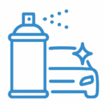 Blaues Icon mit glänzendem Auto und Sprühdose – perfekt geeignet zur Darstellung von Autolacken & Spezialfarben im Bereich Autolackierung.