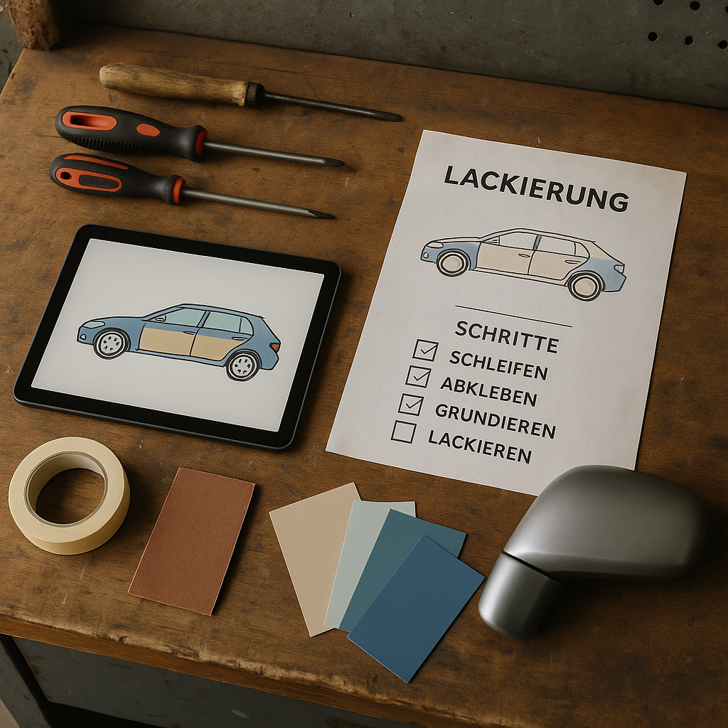 Eine anschauliche Schritt-für-Schritt-Anleitung zur Autolackierung mit Abbildungen, Werkzeugen und Farbmusterkarten. Ideal für DIY-Autolackierer und Werkstattprojekte – inklusive Schleifen, Abkleben, Grundieren und Lackieren.