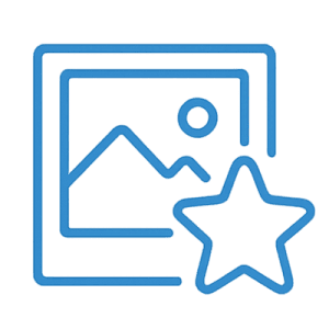 Blaues Icon mit Bilderrahmen und Stern – perfekt geeignet zur Darstellung von DIY-Projekten, Nutzerbildern und Community-Inspiration im Bereich Autolackierung.