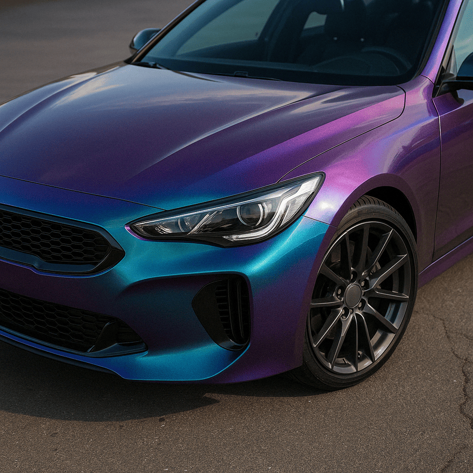 Hyperrealistisches Foto eines Sportwagens mit spektakulärer Flip-Flop Lackierung. Die chamäleonartige Farbgebung wechselt je nach Lichteinfall zwischen Magenta, Violett und Türkis – ein echter Blickfang für Auto- und Designliebhaber.