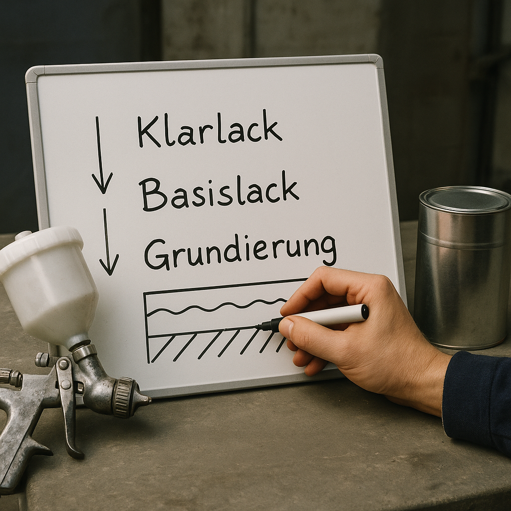 Verständliche Darstellung des Lackaufbaus mit Klarlack, Basislack und Grundierung. Ideal für Autolackierer, Heimwerker und Lackierprofis – jetzt den richtigen Schichtaufbau kennenlernen!