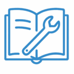Minimalistisches Liniensymbol mit offenem Buch und Schraubenschlüssel – steht für praxisnahe Schritt-für-Schritt-Anleitungen rund ums Lackieren und Autopflege.