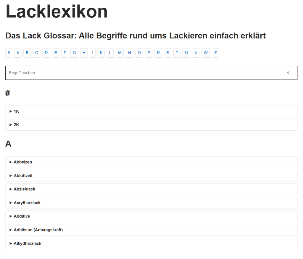 Lacklexikon: Das große Glossar rund ums Lackieren. Von 1K‑ bis Alkydharzlack alle Fachbegriffe einfach erklärt – alphabetisch, suchbar & jederzeit kostenlos.