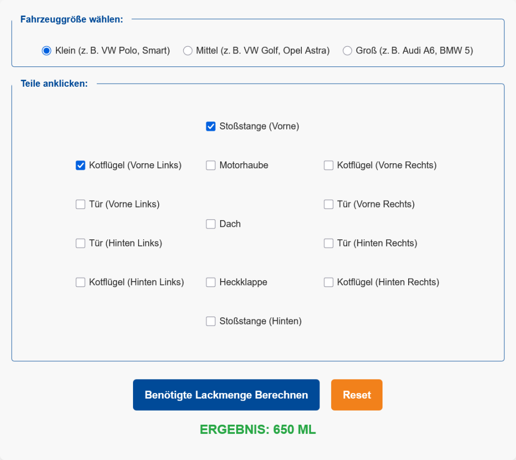 Der Lackmengenrechner zeigt dir exakt, wie viel Basislack du für dein Projekt benötigst. In diesem Beispiel ergibt der Basislackrechner 650 ml für ein kleines Auto mit spezifisch gewählten Karosserieteilen. Perfekt zur Beantwortung der Frage: Wie viel Basislack brauche ich?