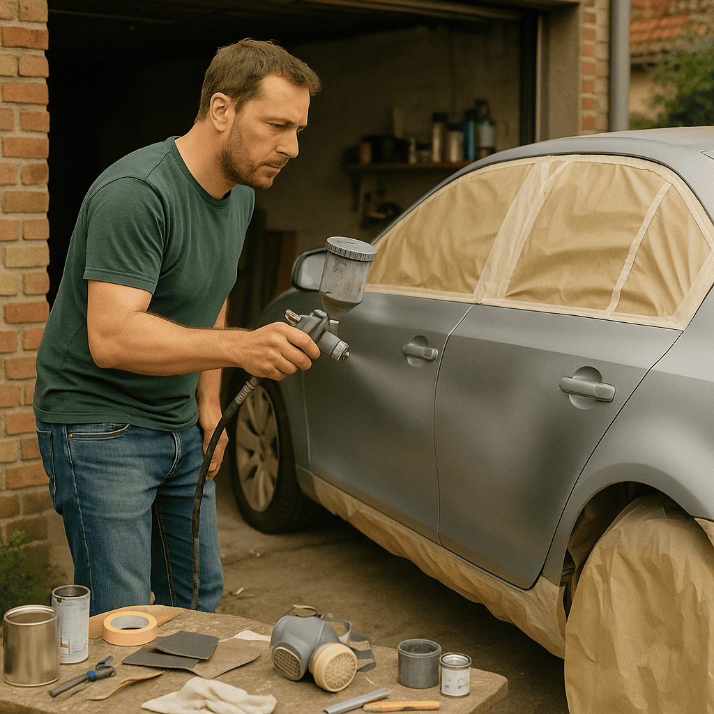 Ein Mann in Alltagskleidung lackiert ein Auto in seiner Einfahrt mit einer Spritzpistole. Das Fahrzeug ist sorgfältig mit Abdeckpapier geschützt, auf dem Tisch im Vordergrund liegen Lackierwerkzeuge, Schleifpapier, Abdeckband und Atemschutzmaske. Die Szene zeigt eine realistische DIY-Autolackierung zu Hause – ideal für Heimwerker und Auto-Enthusiasten.