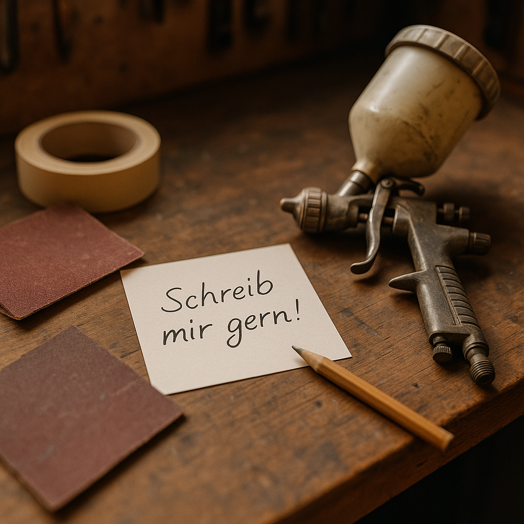 Stimmungsvolles Stillleben auf einer Werkbank mit handgeschriebener Notiz „Schreib mir gern!“, umgeben von Schleifpapier, Lackierpistole und Klebeband – ideal für DIY-, Handwerks- oder Kommunikations-Themen. Ein Symbolbild für die "kontaktiere mich" Seite.
