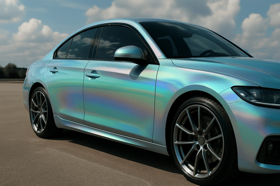 Ein moderner Sportwagen mit beeindruckendem Perlmutt Lack, der je nach Lichteinfall in irisierenden Farben von Blau über Türkis bis Violett schimmert. Die hyperrealistische Darstellung betont die glatte, glänzende Oberfläche des Autos, während der offene Himmel und die weite Umgebung den luxuriösen und futuristischen Charakter unterstreichen. Perfekt geeignet zur Veranschaulichung von Effektlacken in der Autolackierung.