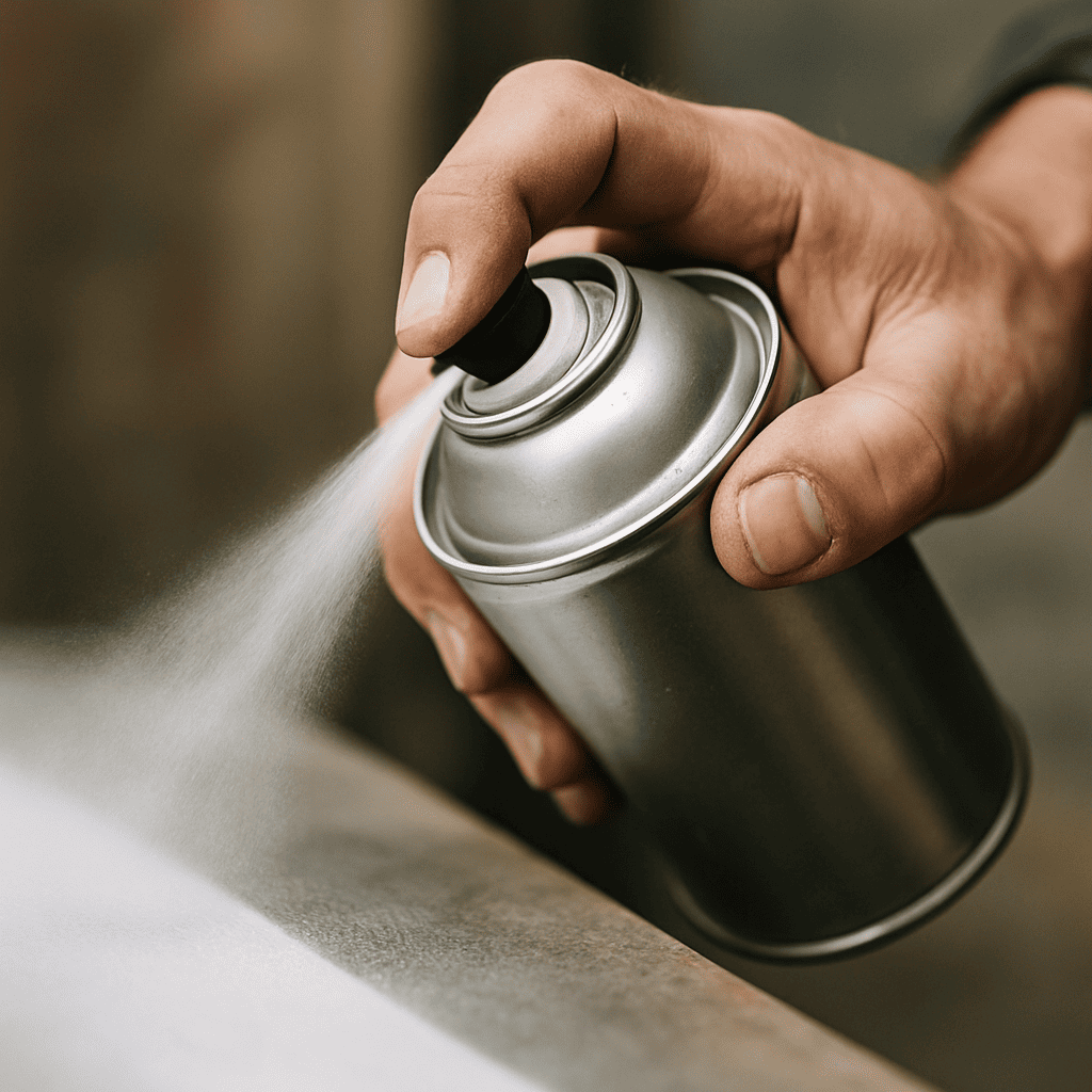 Nahaufnahme einer Hand, die eine Sprühdose beim Lackieren verwendet. Die Sprühfarbe wird präzise auf eine Oberfläche aufgetragen, ideal zur Darstellung von DIY-Autolackierung, Anwendungstipps oder Produktverwendung. Das Bild vermittelt einen praxisnahen, realistischen Eindruck vom Lackieren mit Spraydosen.