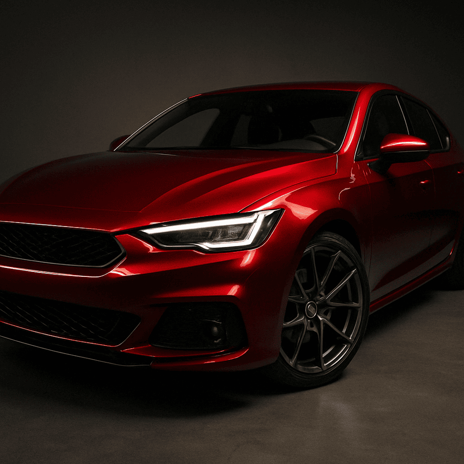 Studiofoto eines modernen Autos mit auffälliger Candy-Red 3-Schicht-Lackierung. Die glänzende Oberfläche, sanfte Lichtreflexionen und die kraftvolle Linienführung machen das Fahrzeug zu einem Blickfang – ideal für Automobil-Design, Tuning oder Lackierung-Inspiration.