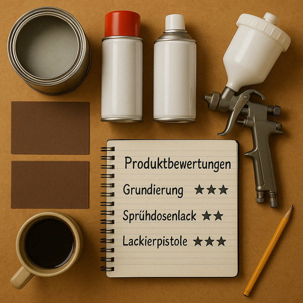 Ein stilvoll arrangiertes Flatlay einer Werkbank mit Lackierzubehör für die Autolackierung – inklusive Farbdosen, Sprühpistole, Schleifpapier, Abklebeband und einem Notizbuch mit handschriftlichen Produktbewertungen auf Deutsch. Perfekt für Blogbeiträge, Tutorials oder Webseiten rund ums Thema Fahrzeugaufbereitung, Lackieren und Werkstattausstattung.