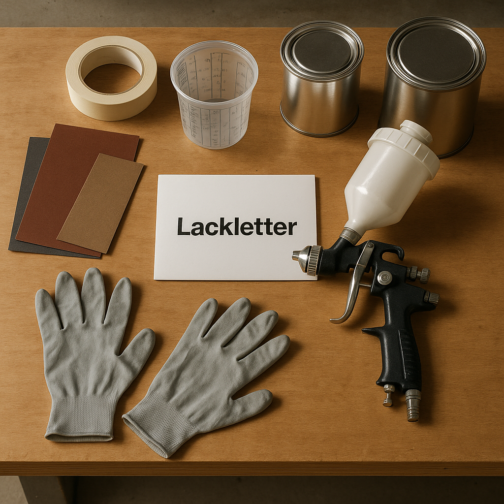 Spritzpistole, Schleifpapier, Lackdosen & der „Lackletter“-Umschlag: DIY-Werkbank für Autolack-Projekte – Newsletter-Visual für LuZ Lackwissen.