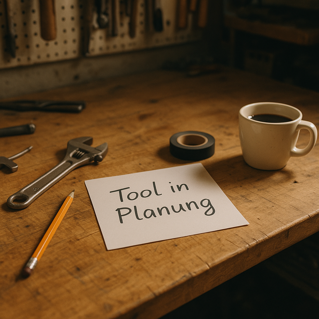 Ein stimmungsvoll beleuchteter Werkstatttisch mit klassischen Werkzeugen, einem Bleistift, einem Kaffeebecher und einem Notizzettel mit der Aufschrift „Tool in Planung“. Im Hintergrund hängen Schraubenschlüssel und andere Handwerksutensilien. Das Bild symbolisiert den Entstehungsprozess neuer Lackier Tools und transportiert die Atmosphäre von Praxisnähe, Handarbeit und Liebe zum Detail – perfekt für einen Blog oder eine Tool-Seite rund ums Thema Autolackierung, Zubehör und DIY-Projekte.