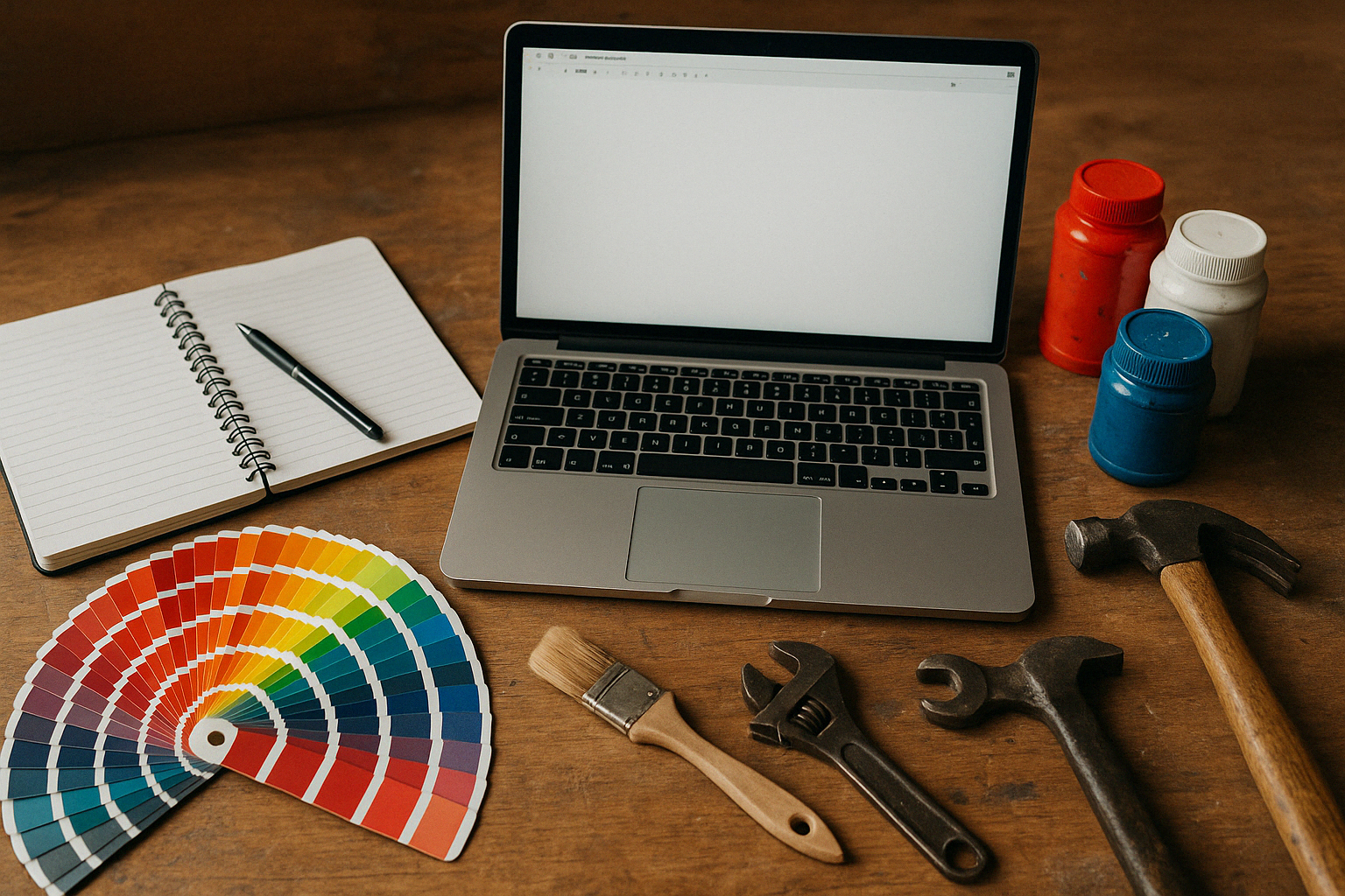 Das Bild zeigt eine Szene eines rustikalen Schreibtischs, der die Verbindung zwischen digitalem Arbeiten und handwerklicher Praxis symbolisiert. Im Zentrum steht ein geöffneter Laptop mit leerem Dokument, daneben ein aufgeschlagenes Notizbuch, ein Stift und ein Farbfächer sowie Werkzeuge. Daneben liegen verschiedene Werkzeuge wie Pinsel, Hammer und Schraubenschlüssel, begleitet von drei Farbdosen in Rot, Blau und Weiß. Die warme Holzoberfläche verleiht dem Bild eine bodenständige Atmosphäre und spiegelt die Themen Leidenschaft fürs Handwerk, Organisation und technisches Know-how wider. Ideal zur Illustration von beruflichen Biografien mit praktischem und digitalem Bezug.