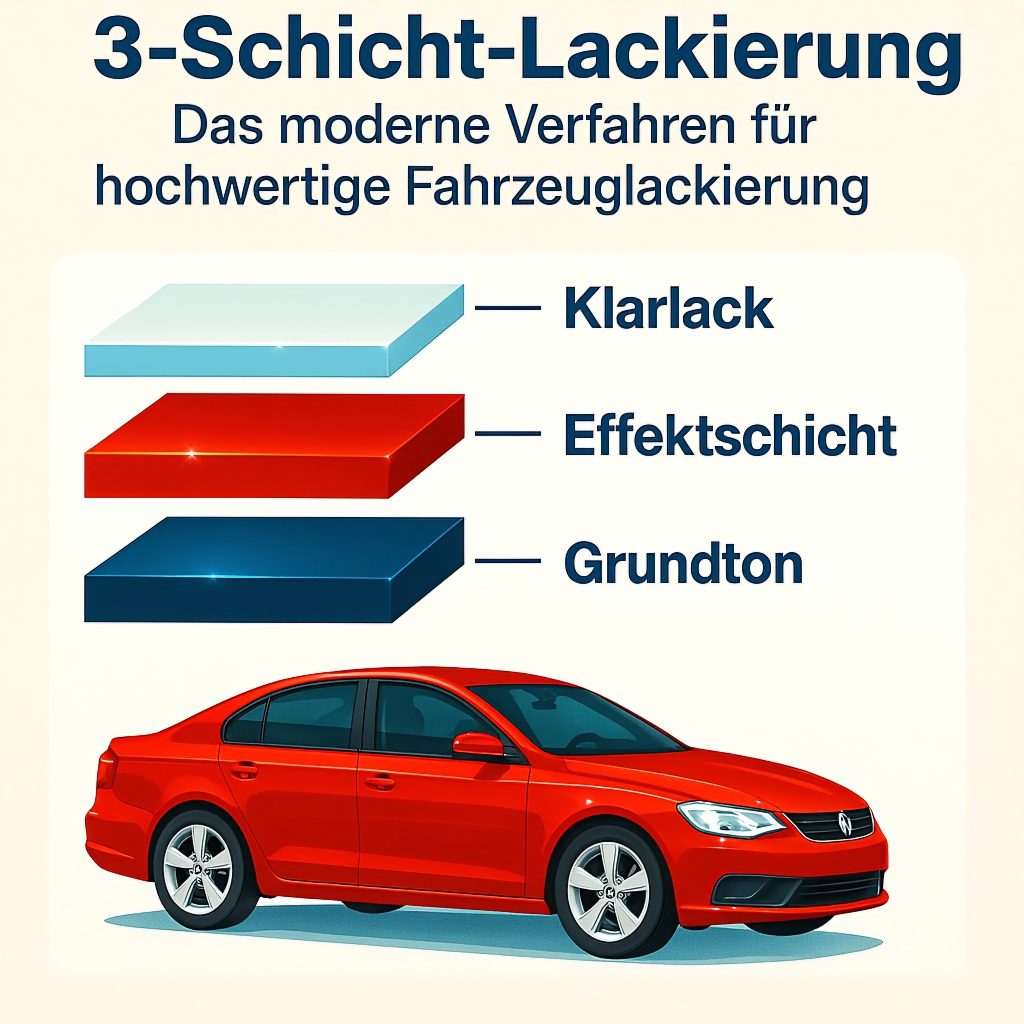 Das Bild zeigt eine Infografik zur 3-Schicht-Lackierung von Fahrzeugen. Es sind drei Lackschichten dargestellt: Die oberste Schicht ist der Klarlack (Transparent/Hellblau), darunter die Effektschicht (rot) und der Grundton (blau). Am unteren Rand ist ein rotes Auto abgebildet, um die Anwendung des Lackierverfahrens zu verdeutlichen. Der Text erklärt, dass dies ein modernes Verfahren für hochwertige Fahrzeuglackierungen ist.