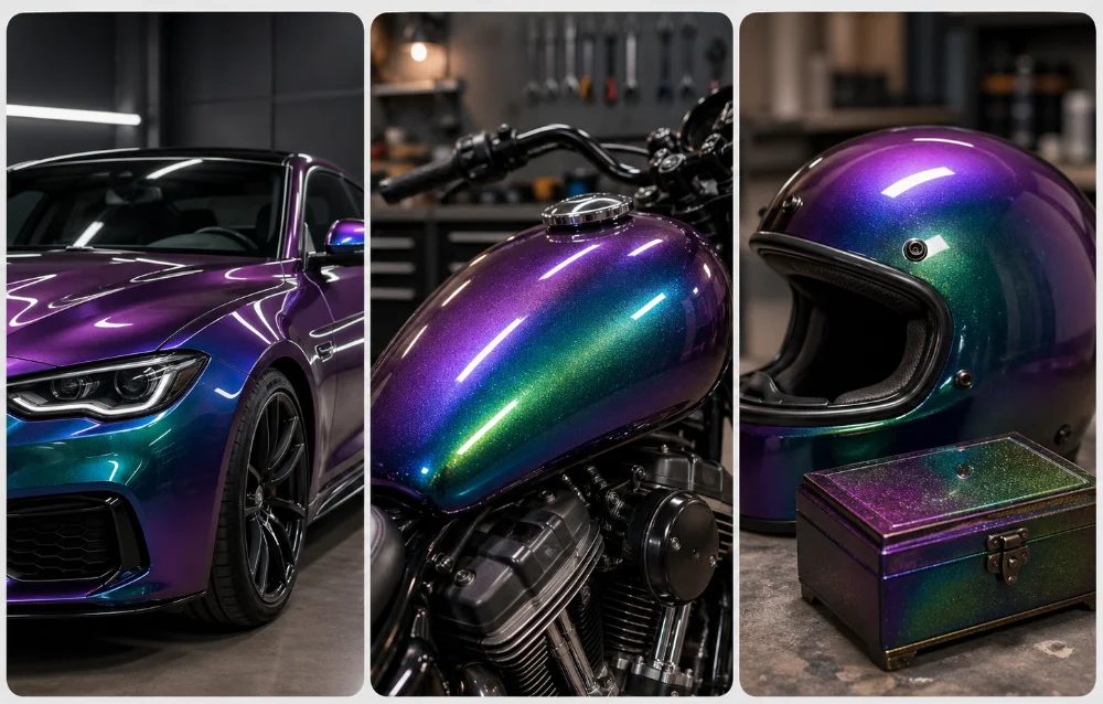 Dreiteilige Collage mit Auto, Motorradtank, Helm und kleiner Box, alle mit glänzendem Flip-Flop Lack lackiert.