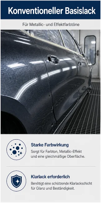 Infografik zu konventionellem Basislack mit metallic lackierter Autotür und Klarlack-Hinweis.