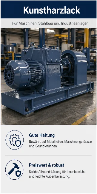 Infografik zu Kunstharzlack mit lackierter Industriemaschine, Hinweisen zu guter Haftung und robuster Anwendung.