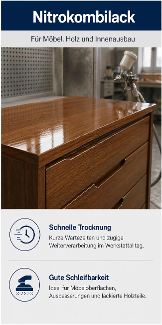 Infografik zu Nitrokombilack mit glänzend lackiertem Holzmöbel und Vorteilen für Möbeloberflächen.