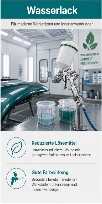 Infografik zu Wasserlack mit Spritzpistole, Mischbechern und umweltfreundlicher Werkstattumgebung.