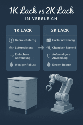 Vergleich Infografik 1K und 2K Lack: Eigenschaften, Anwendung und Robustheit.