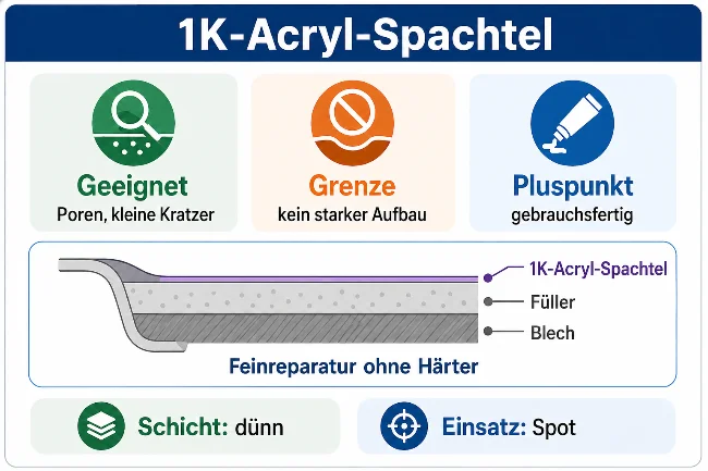 Infografik zum 1K-Acryl-Spachtel mit den Hinweisen: geeignet für Poren und kleine Kratzer, kein starker Aufbau, Vorteil gebrauchsfertig. Die Schnittzeichnung zeigt eine dünne 1K-Acryl-Spachtelschicht auf Füller und Blech. Die Grafik erklärt den Einsatz als Feinreparatur ohne Härter.
