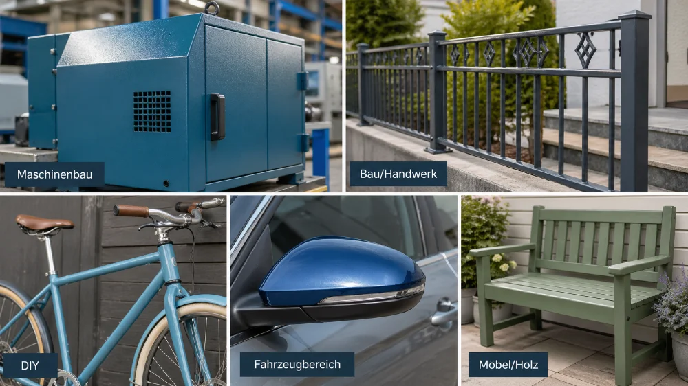 Bildcollage mit fünf typischen Einsatzbereichen von 1K Acryllack: ein blau lackiertes Maschinengehäuse im Industriebereich, ein dunkelgraues Metallgeländer im Außenbereich, ein hellblauer Fahrradrahmen als DIY-Projekt, eine blau lackierte Autospiegelkappe sowie eine grün lackierte Holzbank im Garten. Die einzelnen Bildbereiche sind mit „Maschinenbau“, „Bau/Handwerk“, „DIY“, „Fahrzeugbereich“ und „Möbel/Holz“ beschriftet.
