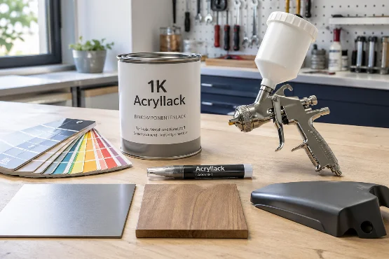 Werkbank in einer hellen Werkstatt mit einem Gebinde 1K Acryllack, einer Lackierpistole, einem Acryllack-Lackstift und einem Farbfächer. Im Vordergrund liegen Materialproben aus Metall, Holz und Kunststoff, die verschiedene Anwendungsbereiche des einkomponentigen Acryllacks zeigen. Das Bild vermittelt, dass 1K Acryllack für unterschiedliche Untergründe und Verarbeitungsarten geeignet ist.