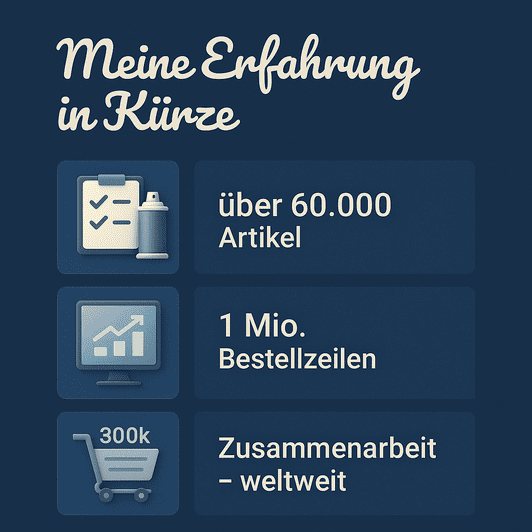 Die quadratische Infografik zeigt auf einen Blick vier zentrale Aspekte beruflicher Erfahrung in einem modernen, grafisch reduzierten Stil. Auf einem dunklen Hintergrund setzen sich kontrastreiche Icons in Orange und Blau ab. Links symbolisieren einfache Piktogramme die Themen Artikelvielfalt (Checkliste & Spraydose), Systementwicklung (Monitor mit Statistik), Bestellvolumen (Einkaufswagen mit „300k“) und internationale Zusammenarbeit (Globus-Symbol). Rechts daneben stehen kurze, prägnante Texte: über 60.000 Artikel 1 Mio. Bestellzeilen 300k Bestellungen Zusammenarbeit – weltweit Das Design verbindet Professionalität mit Klarheit – ideal für den Einsatz in Präsentationen, auf LinkedIn oder in einem Portfolio.
