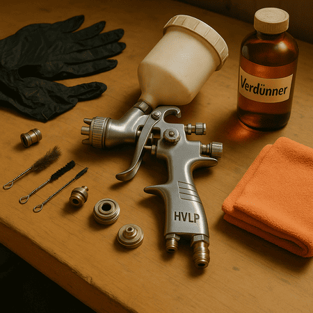 Lackierpistolen-Zubehör auf einem Tisch: HVLP-Spritzpistole mit Reinigungsbürsten, Düsen, Verdünnerflasche, Mikrofasertuch und schwarzen Handschuhen – ideal für die Reinigung und Wartung von Lackierpistolen.