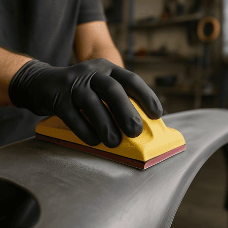 Hand mit Schleifklotz und Schleifpapier Körnung P320 schleift einen Autokotflügel in der Werkstatt zur Vorbereitung auf die Lackierung.
