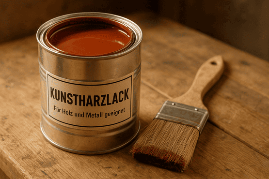Offene Dose Kunstharzlack mit deutscher Beschriftung „Für Holz und Metall geeignet“, daneben ein Pinsel auf rustikaler Holzwerkbank.