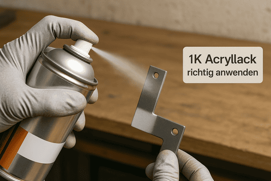 Hand mit Handschuh hält eine 1K Acryllack Spraydose und lackiert ein kleines Metallteil – feiner Sprühnebel sichtbar, Werkbank im Hintergrund.