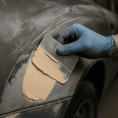 Nahaufnahme eines Spachtelauftrags auf einem Autoteil – Anwendung typischer Spachtelarten zur Vorbereitung vor dem Lackieren.
