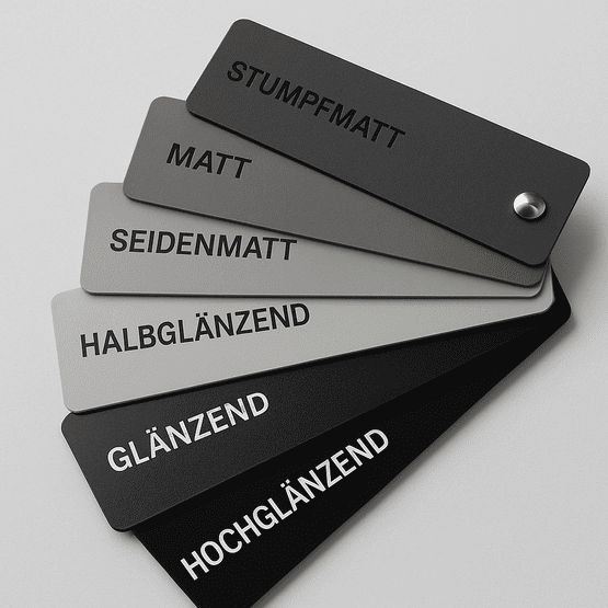 Fächerförmig angeordnete Lackmuster mit Beschriftung der Glanzgrade von Stumpfmatt bis Hochglänzend