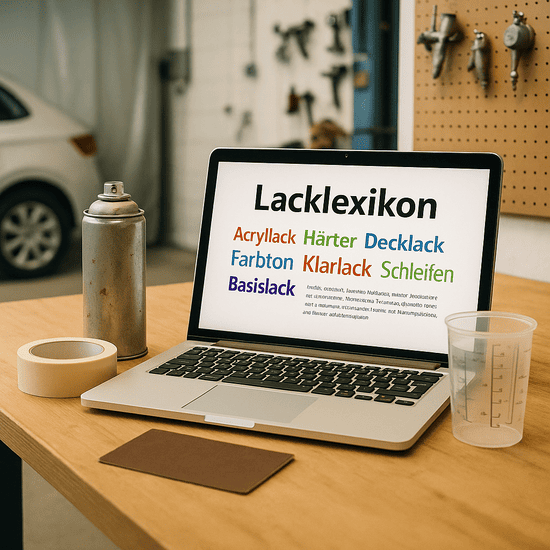 Laptop mit geöffneter Seite "Lacklexikon", Spraydose, Schleifpapier, Klebeband und Mischbecher auf Werkbank in einer Autolackierwerkstatt.