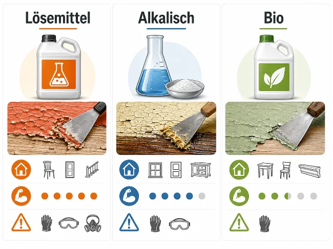 Infografik mit drei Spalten zu verschiedenen Abbeizer-Typen. Links wird ein lösemittelbasierter Abbeizer mit Chemieflasche, stark gelöstem Lack und Schutzausrüstung gezeigt. In der Mitte ist ein alkalischer Abbeizer mit Laborgefäß, alter Lackschicht und Schutzsymbolen dargestellt. Rechts zeigt die Grafik einen Bio-Abbeizer mit grünem Behälter, Blatt-Symbol und sanfterer Lackentfernung.