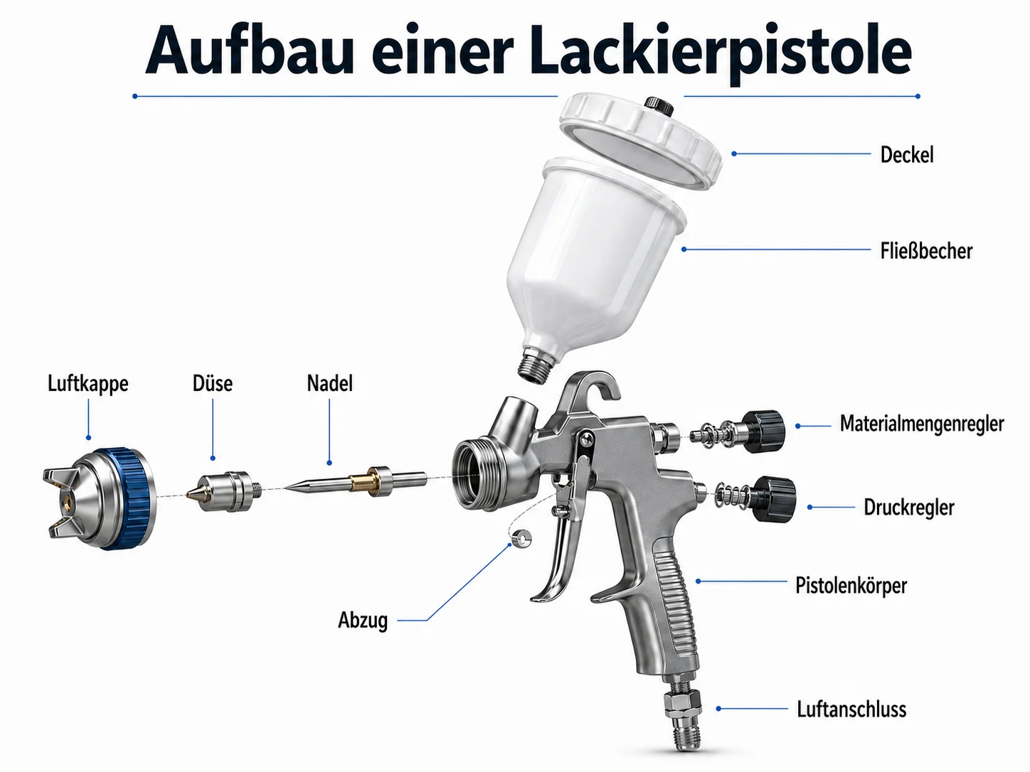 Explosionszeichnung einer Lackierpistole mit beschrifteten Bauteilen wie Fließbecher, Düse, Nadel, Materialmengenregler, Druckregler und Luftanschluss.