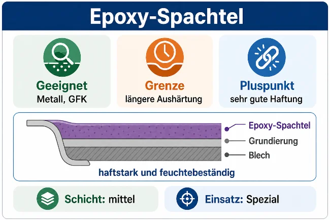 Infografik zum Epoxy-Spachtel mit den Punkten: geeignet für Metall und GFK, längere Aushärtung als Grenze, Vorteil sehr gute Haftung. Die Schnittzeichnung zeigt eine mittlere Epoxy-Spachtelschicht über Grundierung und Blech. Die Grafik betont den Einsatz als haftstarker und feuchtebeständiger Spezialspachtel.