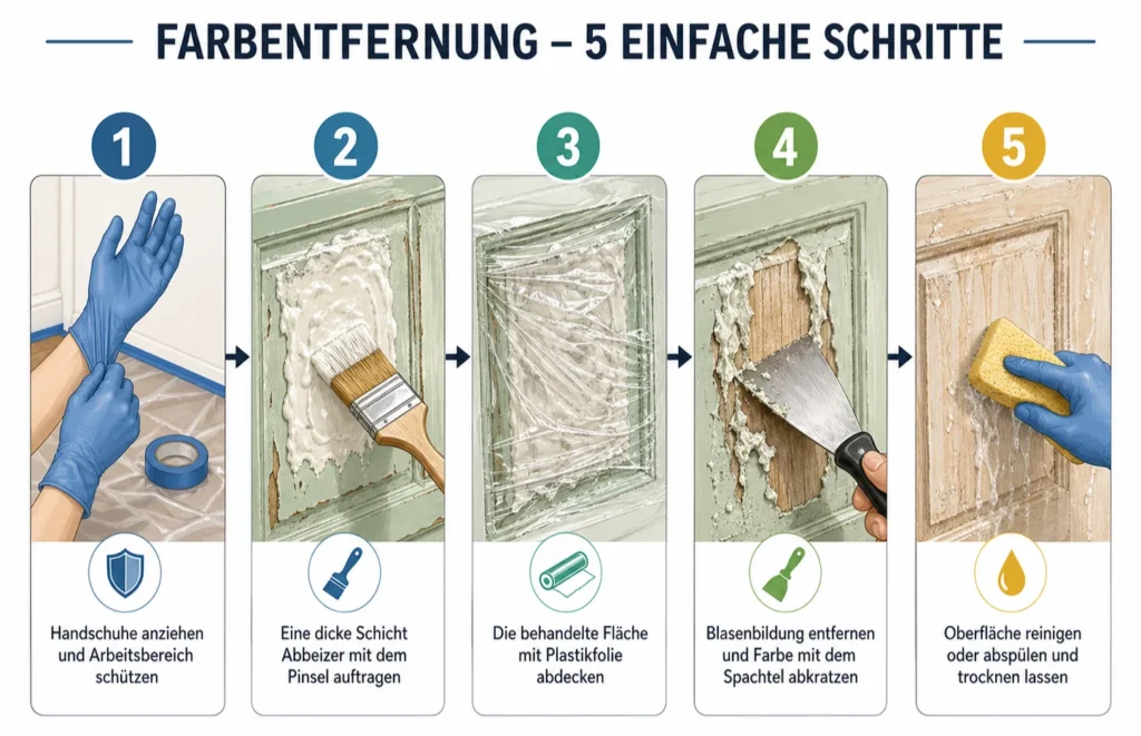 Infografik mit fünf Schritten zur Farbentfernung mit Abbeizer. Schritt 1 zeigt das Anziehen von Handschuhen und das Abdecken des Arbeitsbereichs. Schritt 2 zeigt das dicke Auftragen von Abbeizer mit einem Pinsel. Schritt 3 zeigt eine behandelte Fläche unter Plastikfolie. Schritt 4 zeigt das Entfernen aufgeweichter Farbe mit einem Spachtel. Schritt 5 zeigt das Reinigen der Oberfläche mit einem Schwamm.