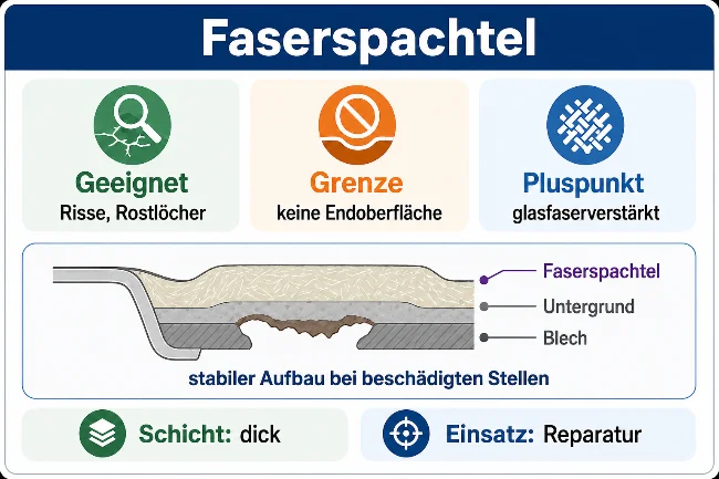 Infografik zum Faserspachtel mit den Punkten: geeignet für Risse und Rostlöcher, nicht als Endoberfläche gedacht, Vorteil glasfaserverstärkte Stabilität. Der Querschnitt zeigt eine beschädigte Karosseriestelle mit einer dicken faserverstärkten Reparaturschicht über Untergrund und Blech.