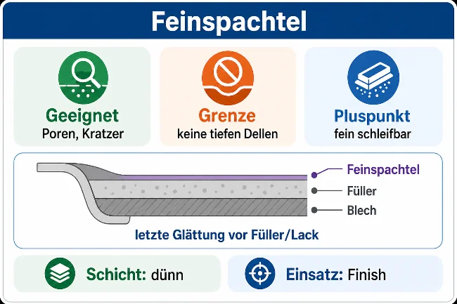 Infografik zum Feinspachtel mit den Angaben: geeignet für Poren und Kratzer, nicht für tiefe Dellen, Vorteil fein schleifbar. Die technische Schnittzeichnung zeigt eine sehr dünne Feinspachtelschicht auf Füller und Blech. Die Grafik erklärt Feinspachtel als letzte Glättung vor Füller oder Lack.