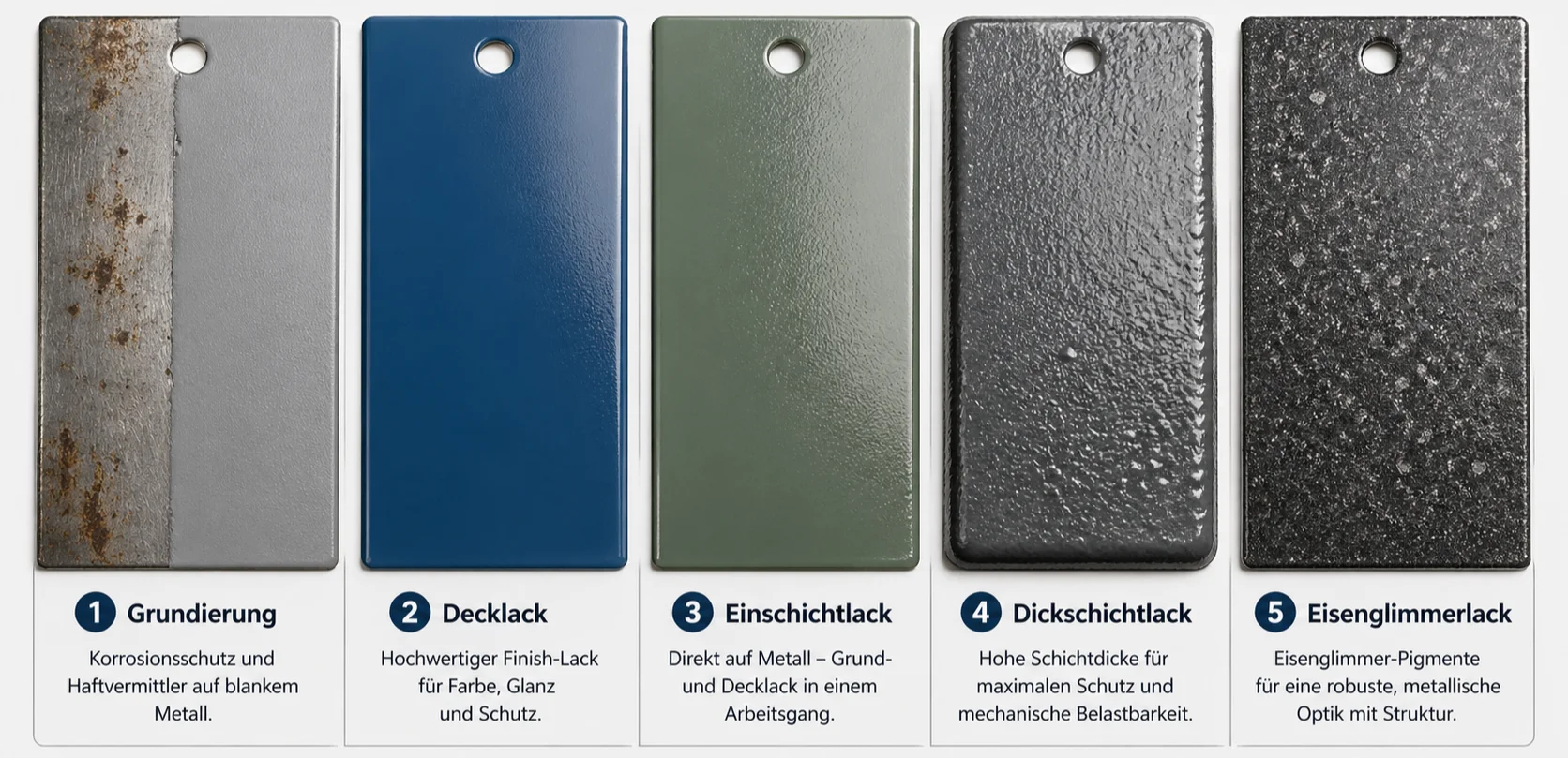 Vergleichsgrafik mit fünf lackierten Metallmustern für verschiedene Kunstharzlack-Typen: graue Grundierung auf angerostetem Metall, blauer Decklack, grüner Einschichtlack, strukturierter Dickschichtlack und dunkler Eisenglimmerlack mit metallischer Oberfläche.