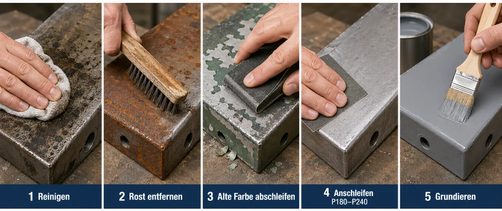 Fünfteilige Anleitung zur Untergrundvorbereitung vor dem Lackieren mit Kunstharzlack: Metall reinigen, Rost mit Drahtbürste entfernen, alte Farbe abschleifen, Oberfläche mit P180 bis P240 anschleifen und graue Grundierung auftragen.