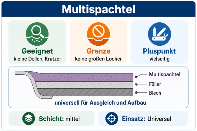 Infografik zum Multispachtel mit drei Anwendungsfeldern: geeignet für kleine Dellen und Kratzer, nicht geeignet für große Löcher, Vorteil vielseitige Nutzung. Die Grafik zeigt einen schematischen Karosserie-Querschnitt mit Multispachtel, Füller und Blech sowie die Hinweise „Schicht: mittel“ und „Einsatz: Universal“.