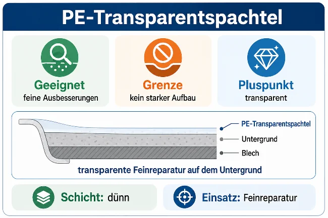 Infografik zum PE-Transparentspachtel mit den Punkten: geeignet für feine Ausbesserungen, nicht für starken Materialaufbau, Vorteil transparente Optik. Der technische Querschnitt zeigt eine dünne, transparente Spachtelschicht auf Untergrund und Blech. Die Grafik beschreibt den Einsatz als Feinreparatur.