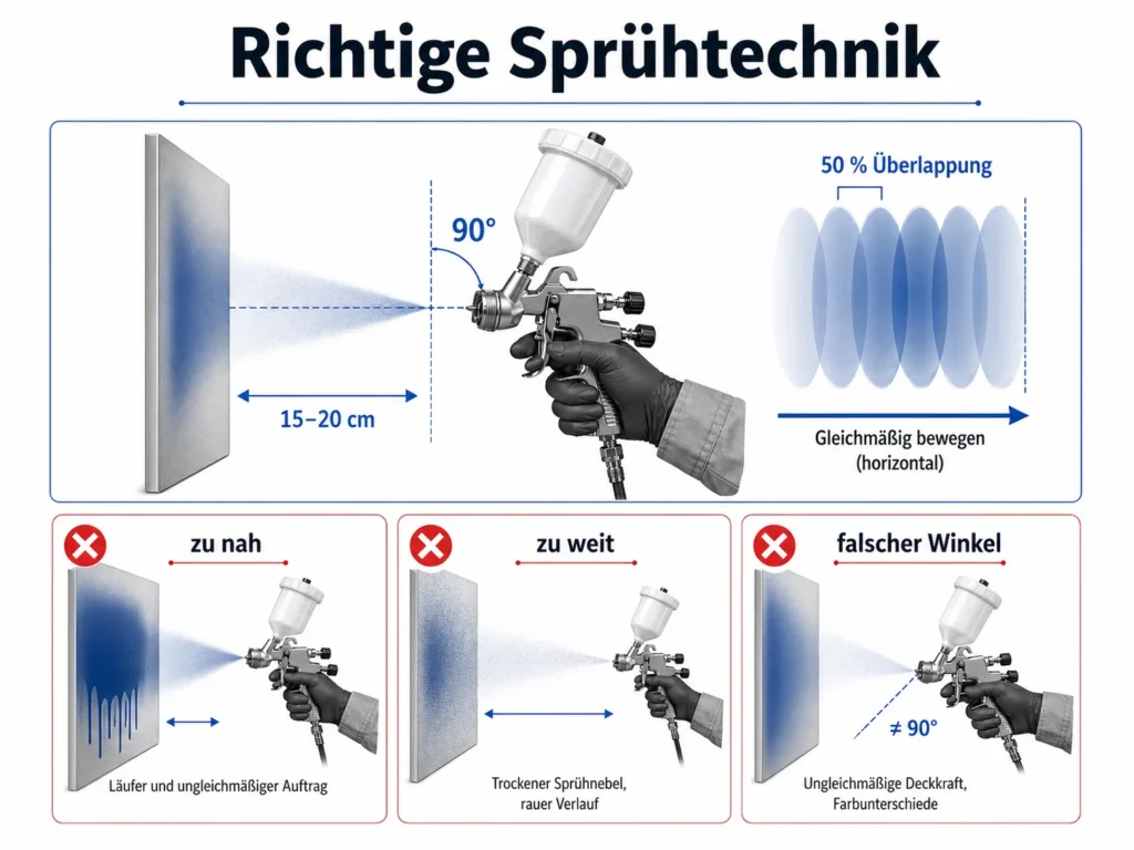 Infografik zur Lackierpistolen-Sprühtechnik mit korrektem Abstand, 90-Grad-Winkel, 50-Prozent-Überlappung sowie Fehlern wie zu nah, zu weit und falscher Winkel.