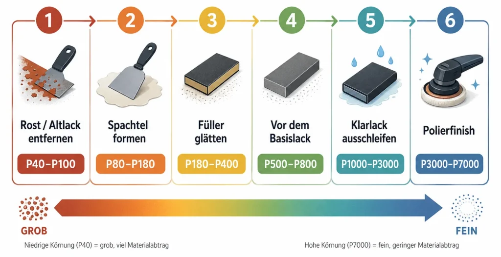 Infografik mit sechs Schritten zur passenden Schleifpapier-Körnung beim Lackieren. Gezeigt werden Rost und Altlack entfernen mit P40 bis P100, Spachtel formen mit P80 bis P180, Füller glätten mit P180 bis P400, Vorbereitung vor dem Basislack mit P500 bis P800, Klarlack ausschleifen mit P1000 bis P3000 und Polierfinish mit P3000 bis P7000. Unten verläuft ein farbiger Pfeil von „grob“ zu „fein“.