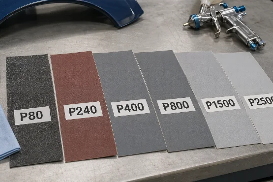 Auf einer Metall-Werkbank liegen mehrere Schleifpapierbögen mit den Körnungen P80, P240, P400, P800, P1500 und P2500 nebeneinander. Daneben befinden sich ein Schleifklotz, ein blaues Staubbindetuch, eine Lackierpistole und ein blau lackiertes Autoteil. Das Bild zeigt typische Materialien für die Lackvorbereitung und den schrittweisen Wechsel von grober zu feiner Körnung.
